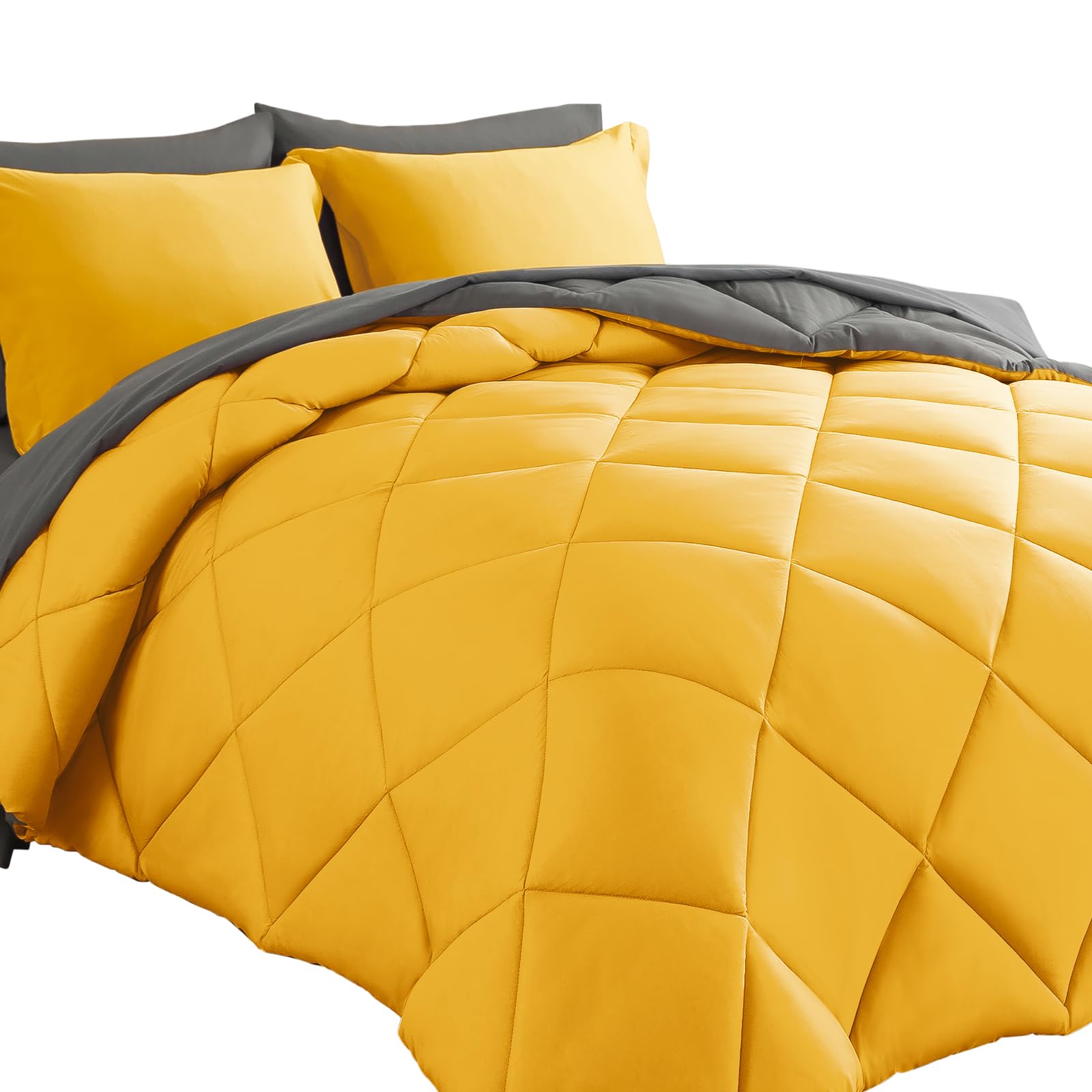 Cosybay Bed In A Bag Full Reversible Comforter Sets 7Pcs All Season Down Alternative Bedding Sets Yellow And Grey With Comforter