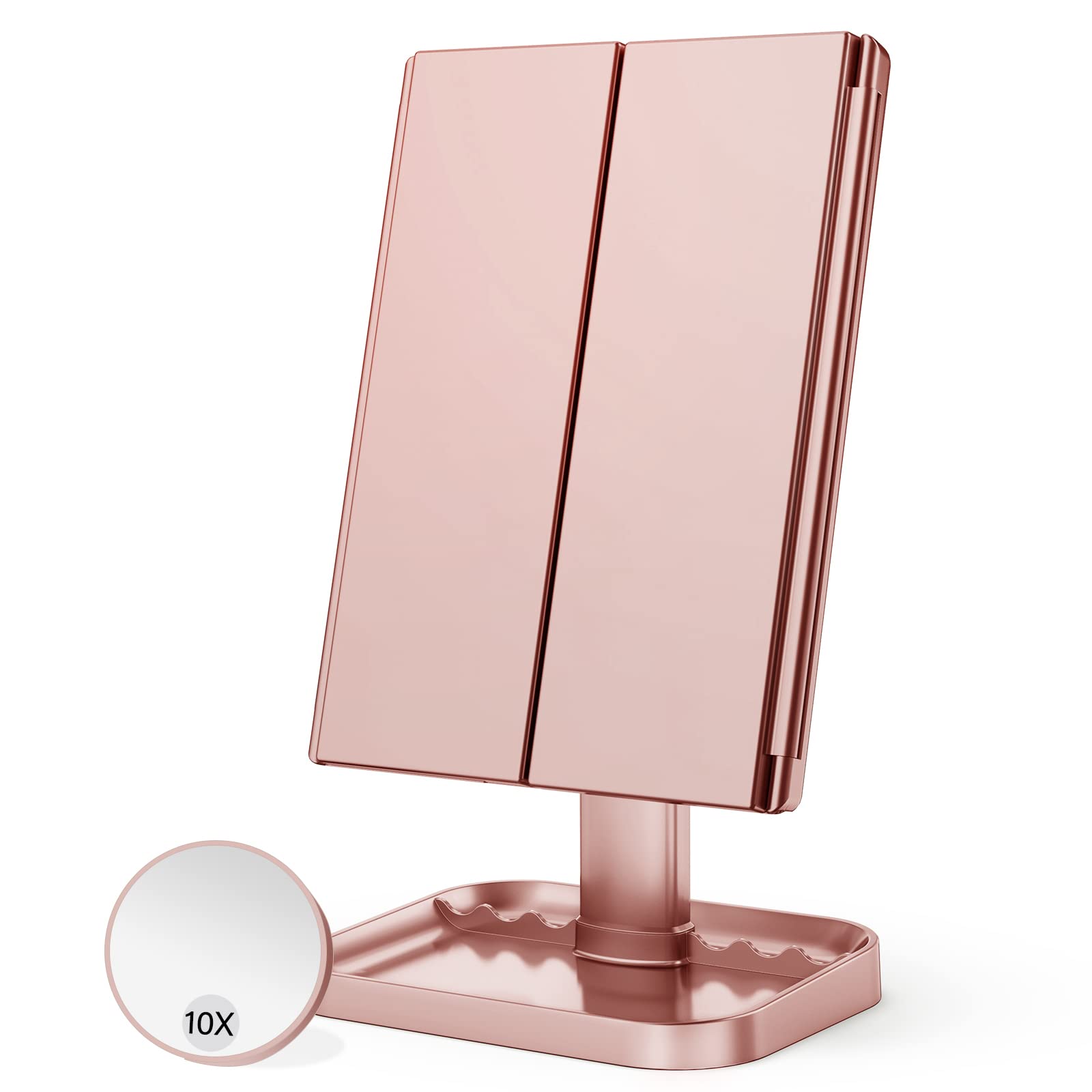 HUONUL Makeup Mirror, 10x3x2X Magnification, Lighted, Touch Control, Trifold, Dual Power Supply, Portable LED, Women Gift