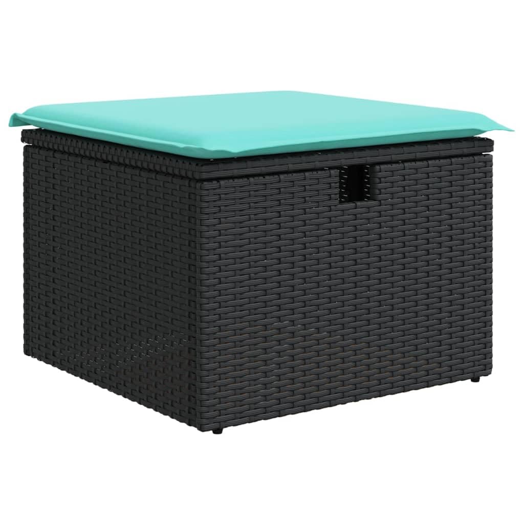 vidaXL Patio Stool with Outdoor Ottoman Storage, Black Poly Rattan, Blue Cushion, UV-Resistant, Waterproof Cover- 21.7&quot;x21.7&quot;x14.6&quot;