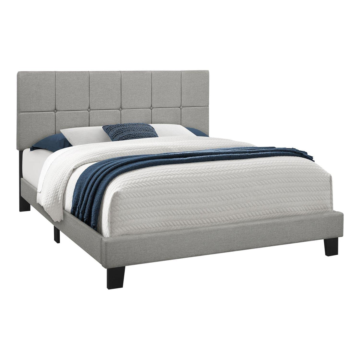 Monarch Specialties I 5604Q Bed Frame - Button Tufted Upholstered Headboard - No Box Spring Needed - Platform Bed, Queen, Beige Linen-Look