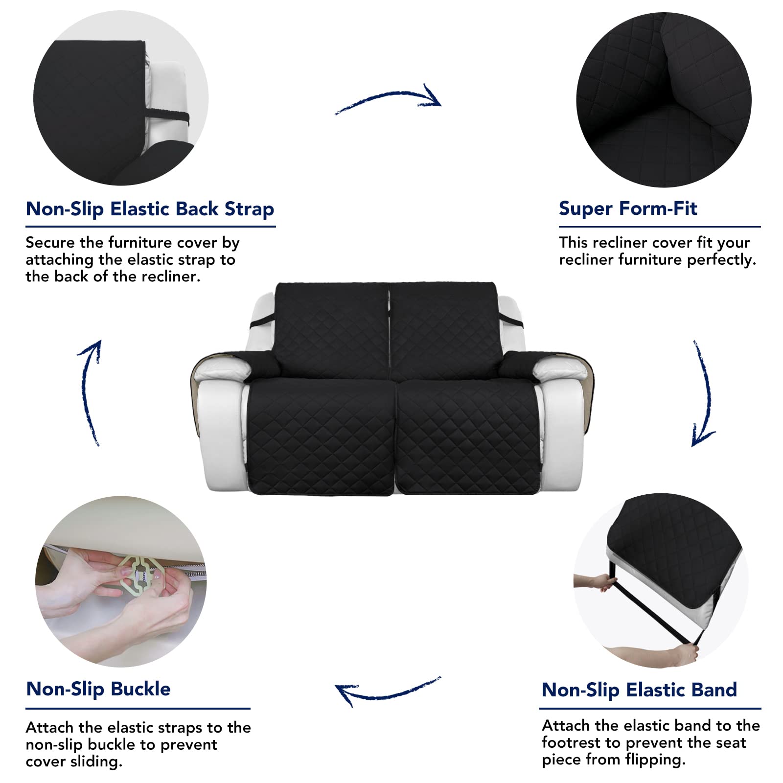 Purefit Water Resistant Reversible Sofa Covers For Reclining Sofa 2 Seat - Non Slip Split Recliner Couch Cover For Double Reclin