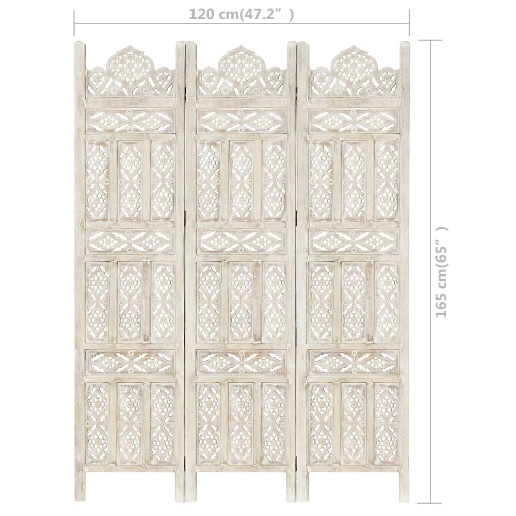 vidaXL 3-Panel Room Divider, Hand Carved Solid Mango Wood, Classic White Wash Finish, Versatile Privacy Screen for Bedrooms and Living Areas - 47.2x65