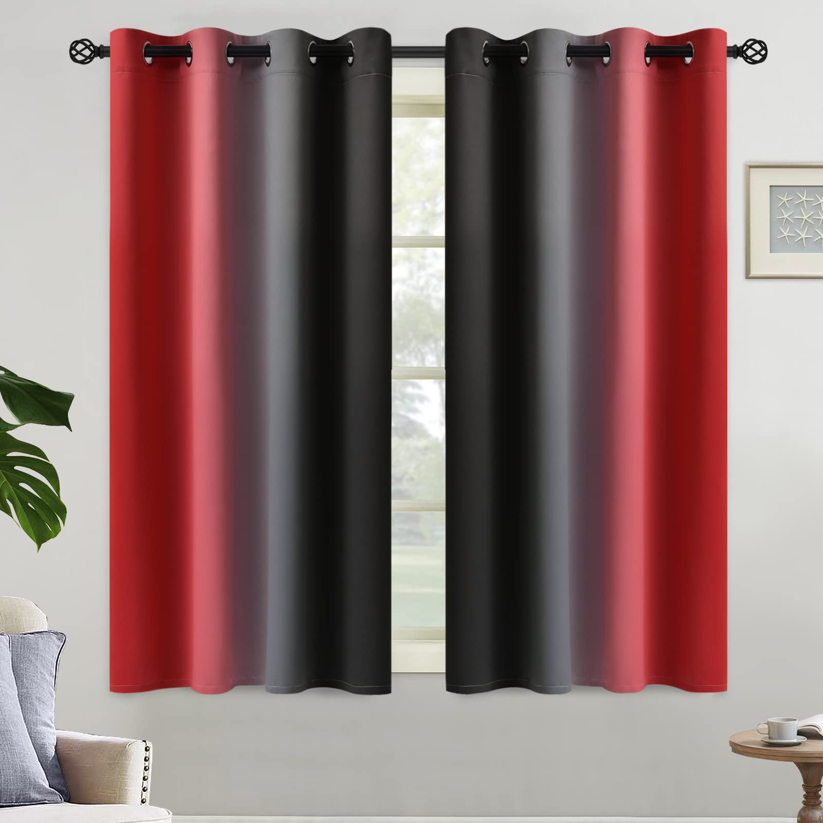 Yakamok Red And Black Blackout Curtains, Ombre Room Darkening Window Curtains For Living Room,Grommet Thermal Insulated Drapes,L