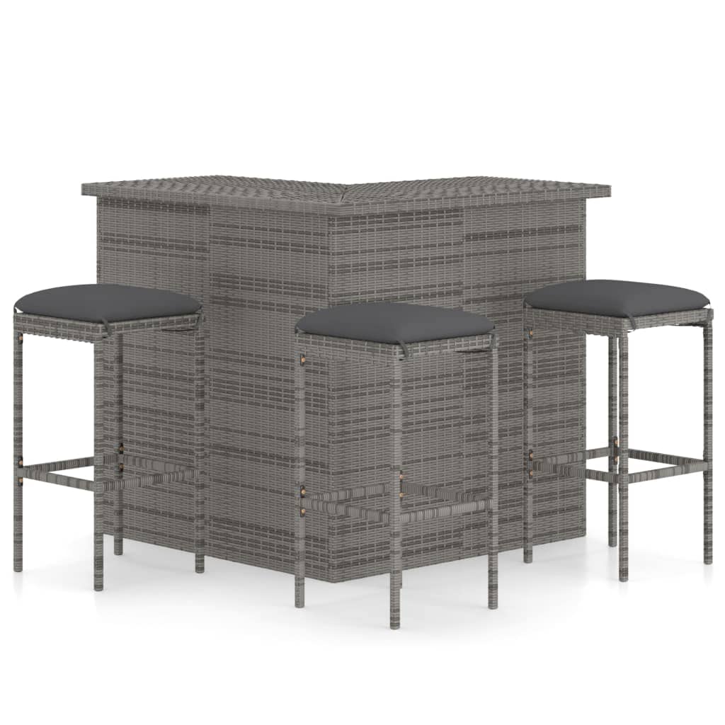 vidaXL 4-Piece Patio Bar Set with Cushions - Weather-Resistant and Waterproof Poly Rattan Construction - Outdoor Seating Solution for Garden, Patio or Terrace in Gray Finish