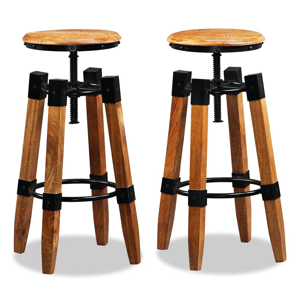 vidaXL 2 pcs Solid Mango Wood Bar Stools - Industrial-Style with Height-Adjustable Feature, Sturdy Steel Fittings, No Assembly Required, Brown and Black