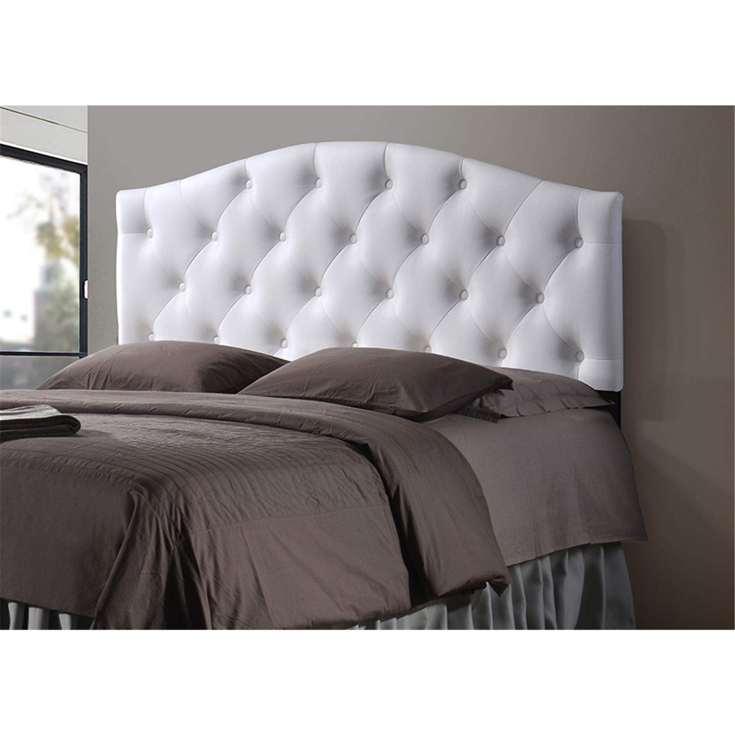 Baxton Studio Myra Modern and Contemporary Faux Leather Upholstered Button-Tufted Scalloped Headboard White/Twin