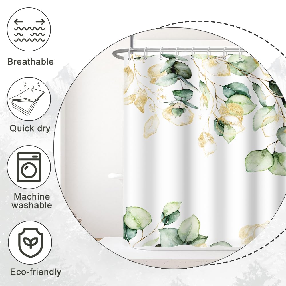 Ruelvth Sage Green Eucalyptus Shower Curtain, Green And Gold Leaves Shower Curtain For Bathroom Waterproof Fabric Spring Botanic