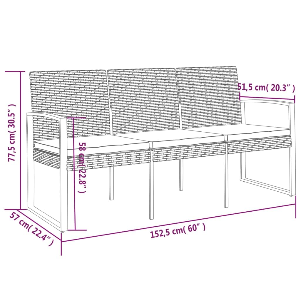 vidaXL 3-Seater Patio Bench with Cushions - Black Polypropylene Rattan, Powder-Coated Steel Frame, Armrests, Backrest, Comfortable Seating for Three