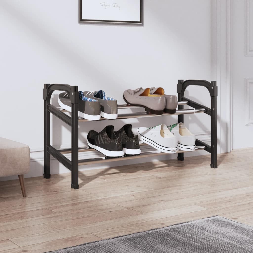 vidaXL Extendable Shoe Rack with Customizable Length, 2 Shelves for Organized Storage, Stackable - Aluminium Frame, Black/Silver Color