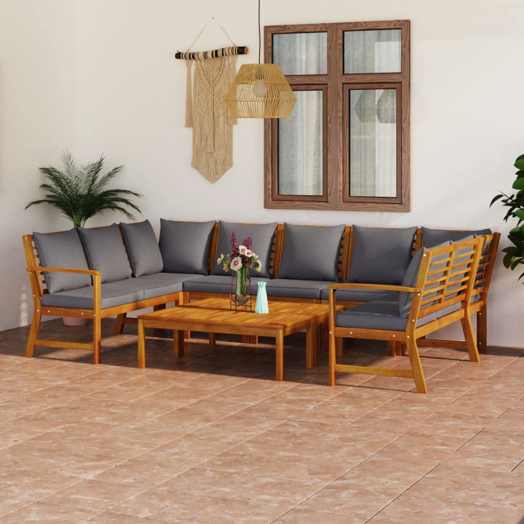vidaXL Modern Patio Lounge Set - 9 Piece Outdoor Living with Cushions, Solid Acacia Wood Construction, Dark Gray - Includes Benches, Corner & Middle Sofas, Coffee Table