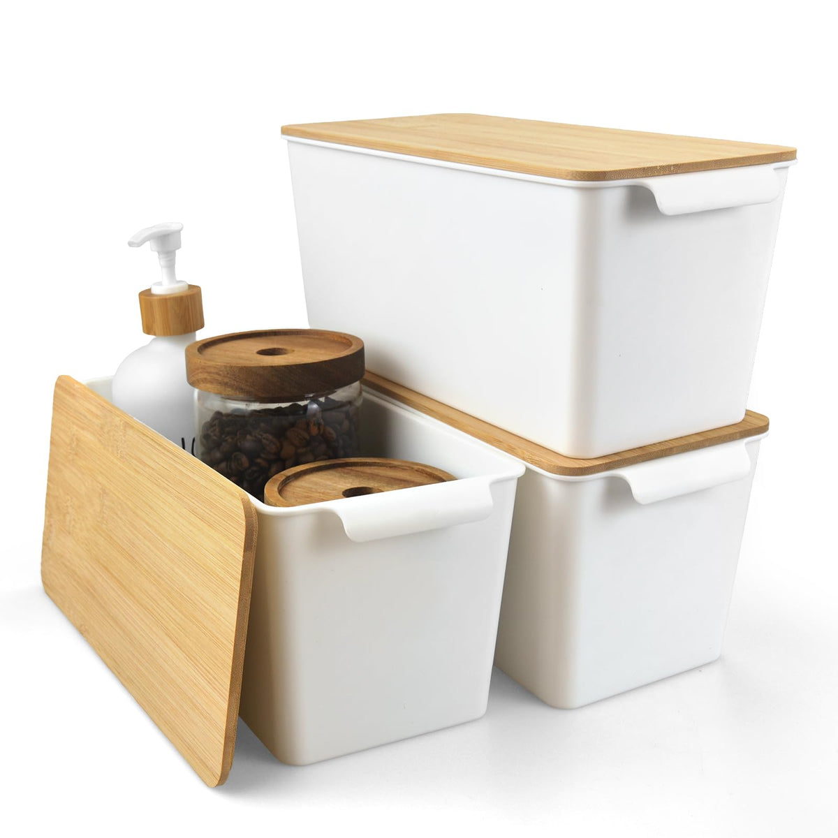 Storage Bins with Bamboo Lids 3 Pack Stackable Lidded Pantry Basket (White)