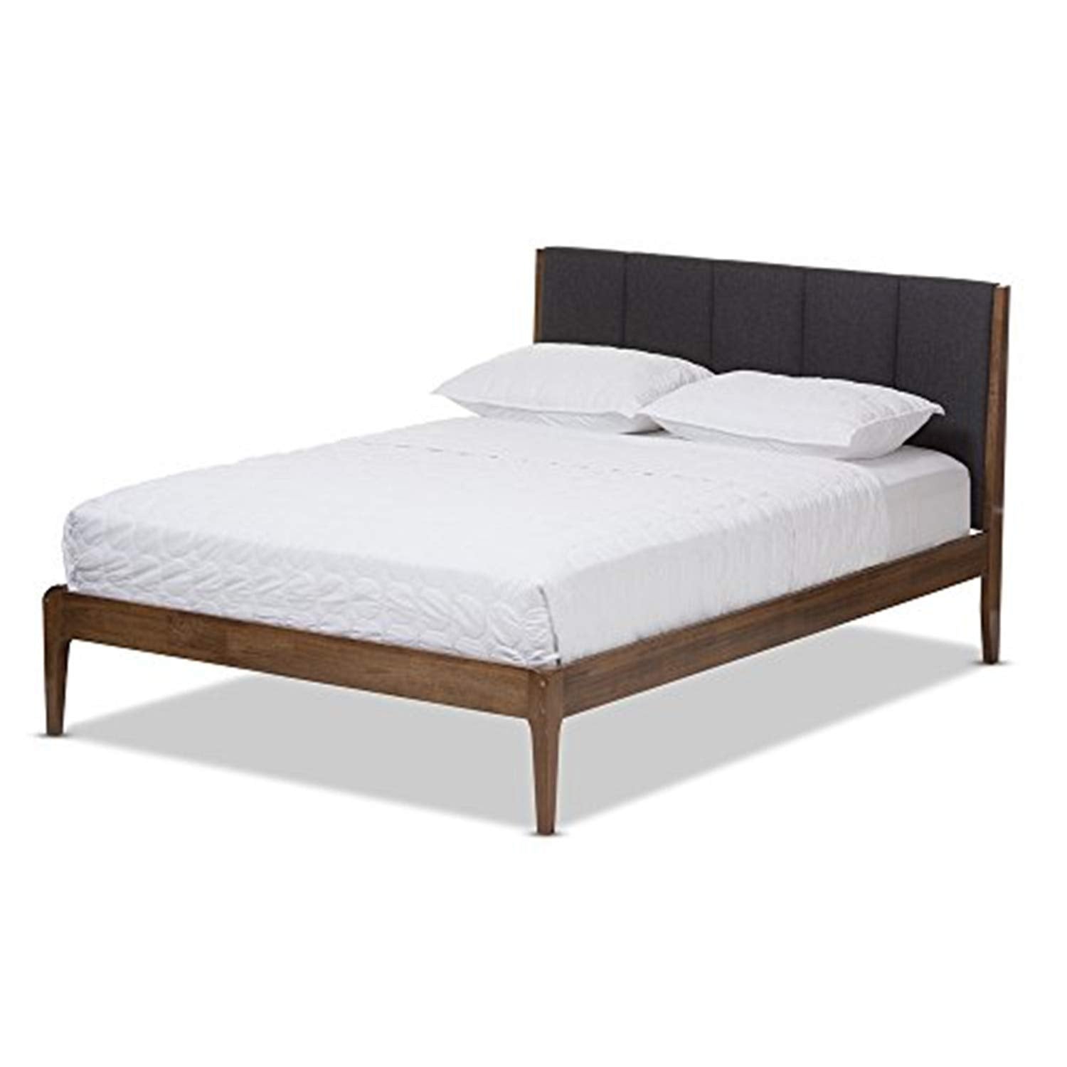 Baxton Studio Ember Mid-Century Dark Grey Fabric And Medium Brown Finish Wood Full Size Platform Bed