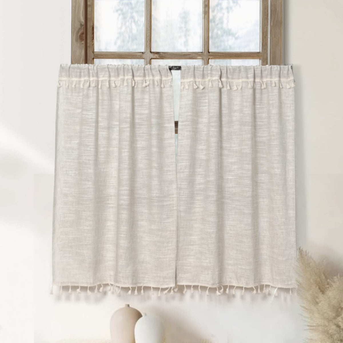 Boho Tassel Kitchen Curtains 36 Inch Length Modern Farmhouse Cotton Linen Short Cafe Curtains For Bathroom Small Window Country