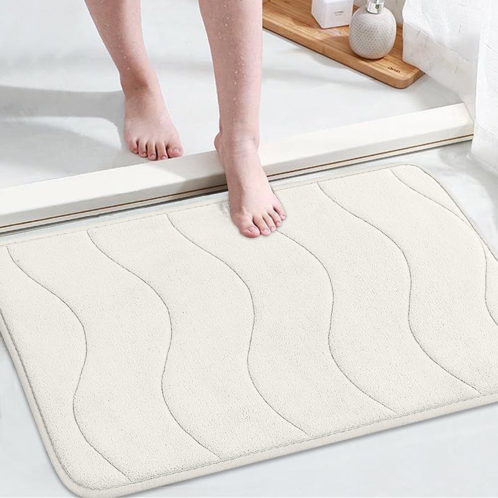 Flamingo P Bath Mat Rug, 20x32 Inches, Ivory White, Memory Foam, Non Slip, Absorbent, Bathroom