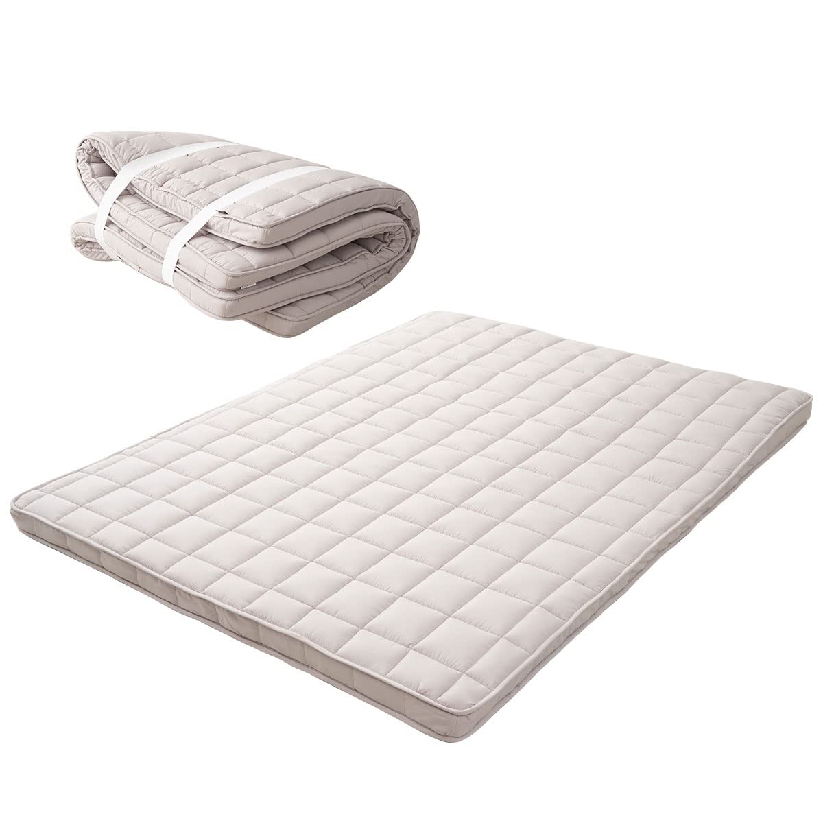 Emoor Japanese Padded Futon Mattress Machi Queen Gray, Gusset Foldable Storable Elastic Bands Floor Sleeping Guest Bed Tatami Ma