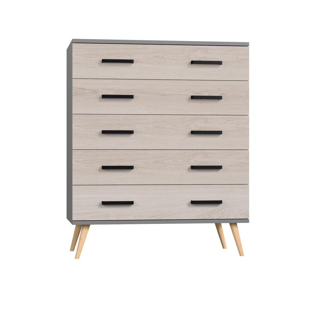 Woodpeckers Furniture And Mattress Eli Mid-Century Modern 5 Drawer Chest (Dark Gray & Honey Oak)