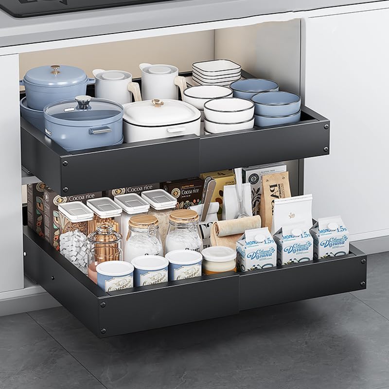 Zenlyf Adjustable PullOut Kitchen Drawer Organizer, White, Metal Sliding Shelf For Modular Cabinets, Expandable Storage Rack, 2