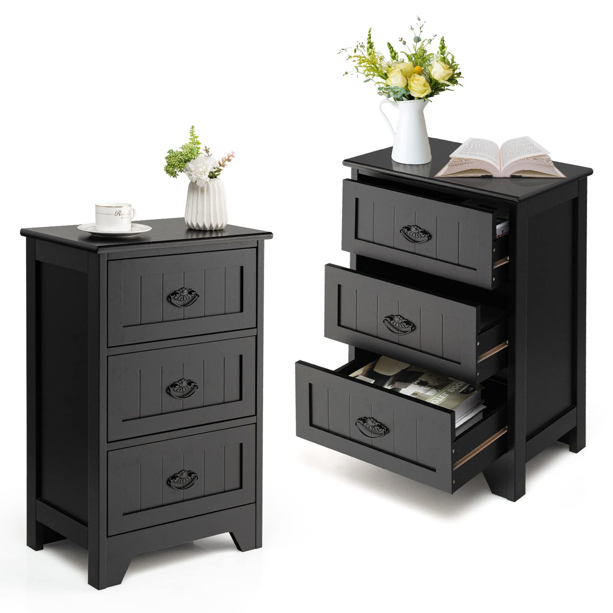 Giantex Nightstand With 3 Drawers, Set Of 2 Bedside Table With Exquisite Metal Handles, Accent Table Sofa Side Table With Anti-Toppling Device For Bedroom, Study, Black
