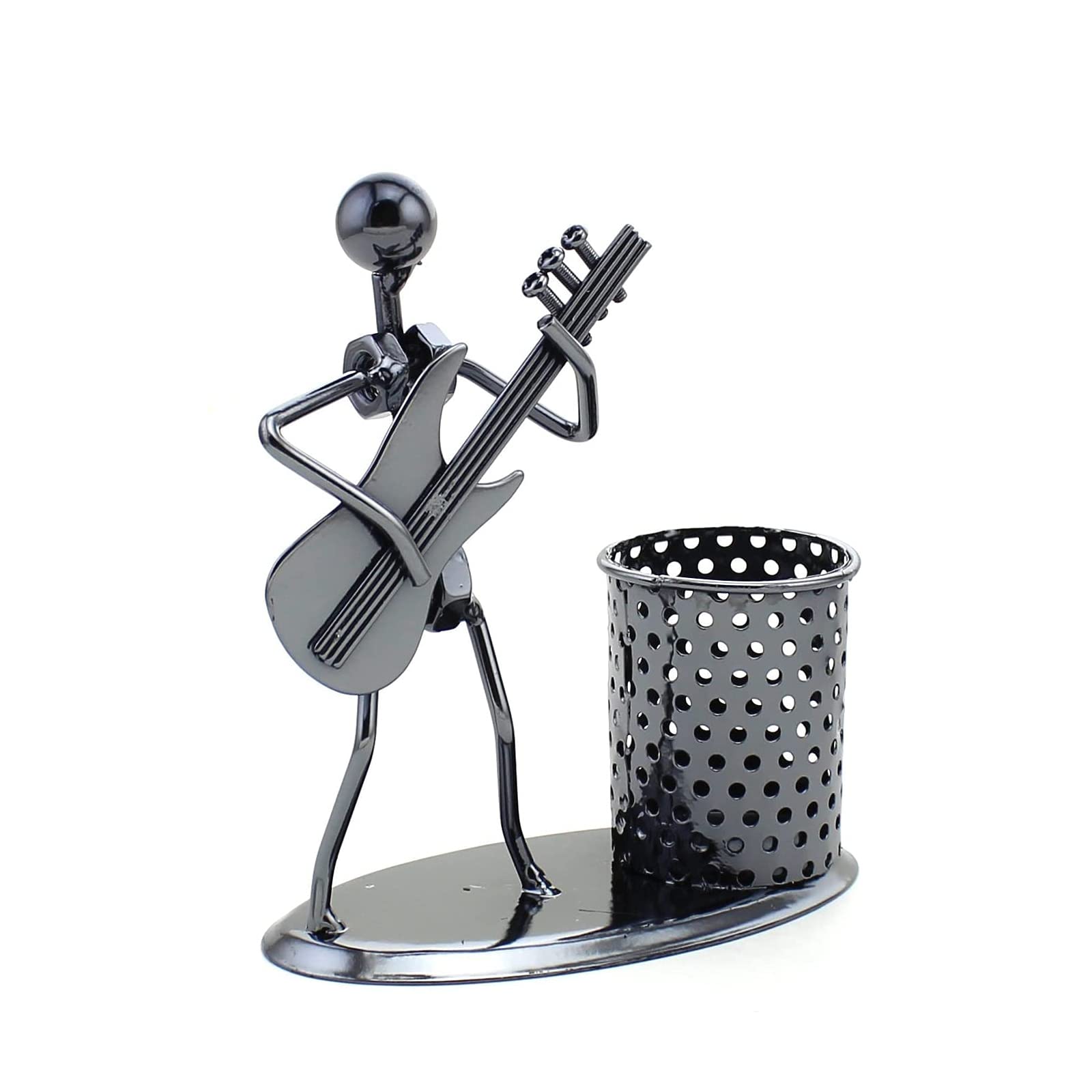 Hazoulen Metal Art Pen Pencil Holder With A Musician Playing Music, Home Office Decoration Work Desk Organizer