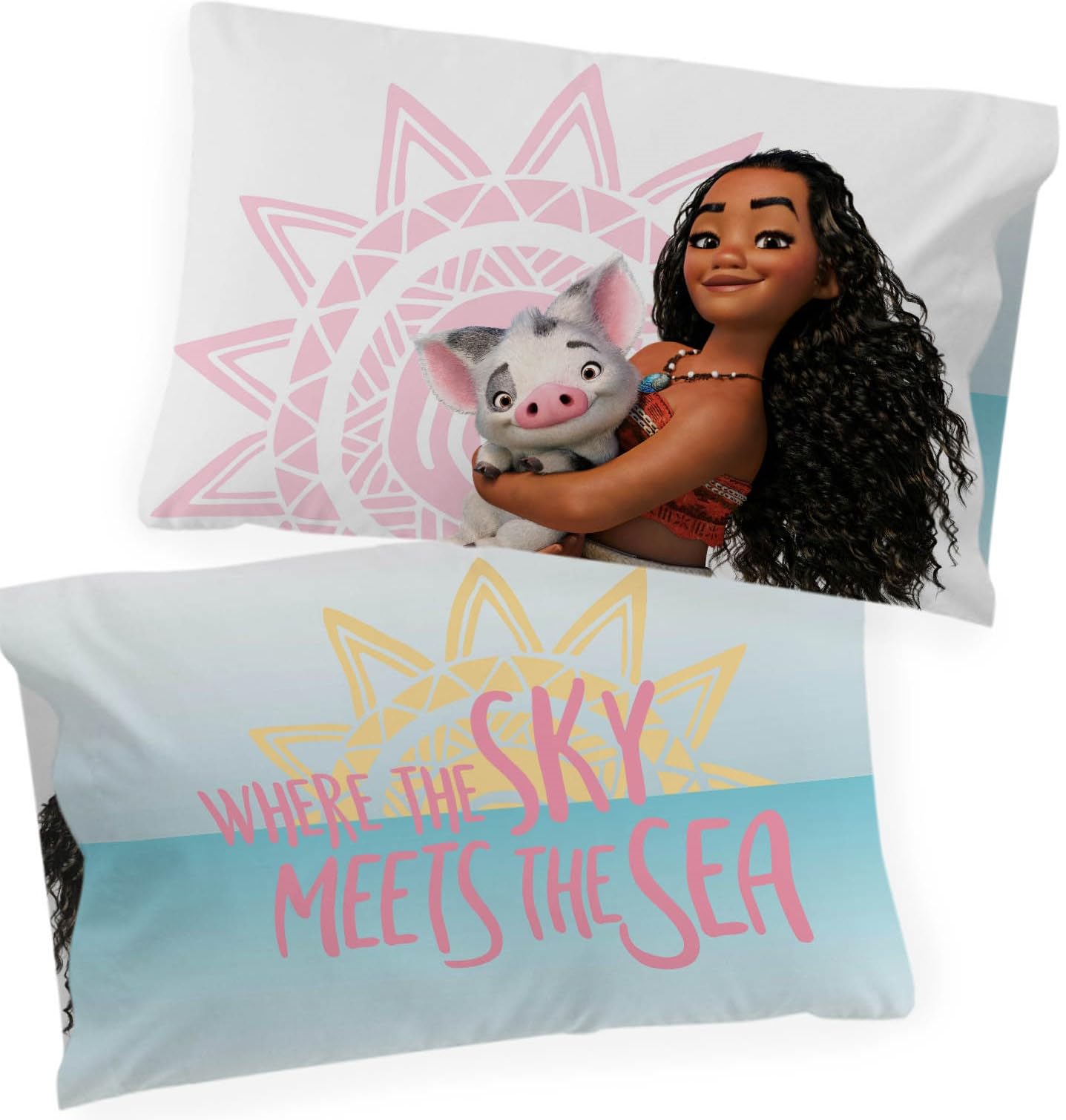 Jay Franco Disney Moana 2 Pack Reversible Pillowcases - Tropical Patchwork Double Sided Pillow Cover - Features Pua, Kids Super
