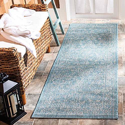 Safavieh Courtyard Collection 2'3' X 14' Aqua/Grey Cy8680 Indoor/ Outside Waterproof Easy Cleansingpatio Backyard Mudroom Runne