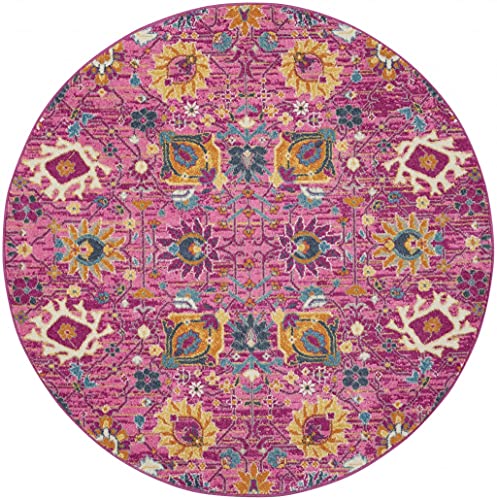 HomeRoots 100% Polypropylene 5’ Round Fuchsia and Orange Distressed Area Rug