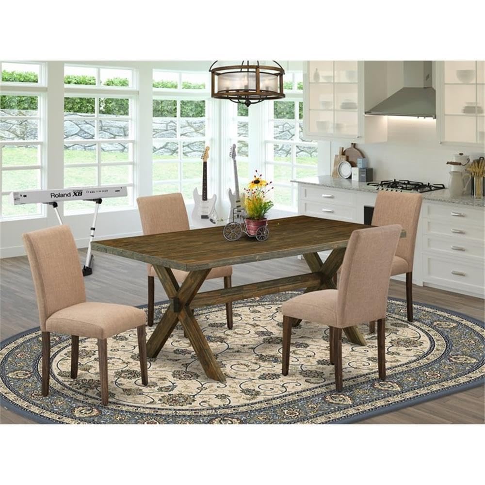 East West Furniture X777Ab747-5 5 Piece Dining Table Set For 4 Includes A Rectangle Kitchen Table With X-Legs And 4 Light Sable Linen Fabric Parsons Dining Chairs, 40X72 Inch, Multi-Color