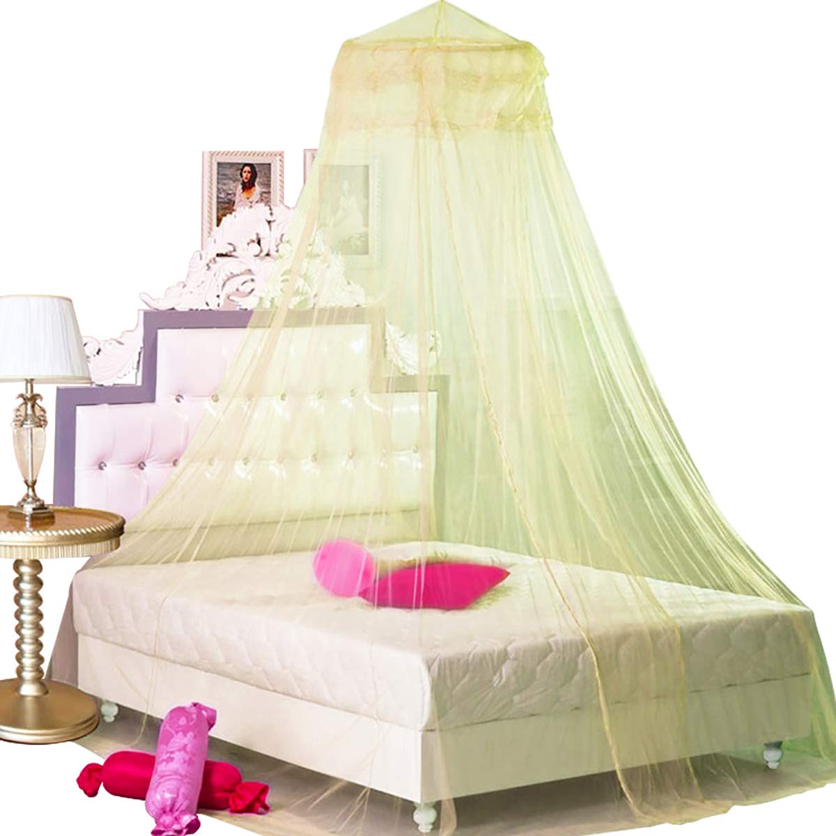 Bcbyou Princess Bed Canopy Netting Mosquito Net Round Lace Dome For Twin Full And Queen Size Beds Crib With Jumbo Swag Hook (Yel