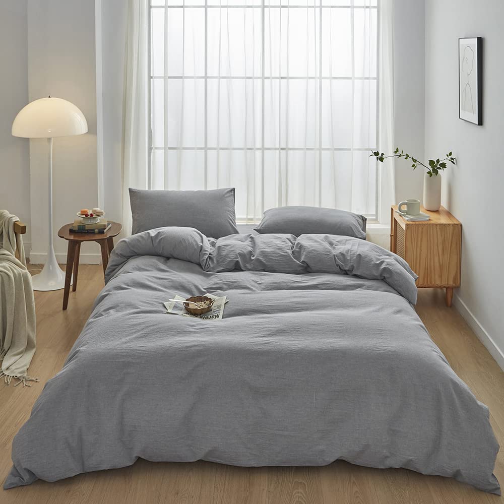 Face Two Face Bedding Duvet Cover Set100% Washed Cotton Duvet Cover Linen Like Textured Breathable Durable Soft Comfy (Queen, Light Grey)