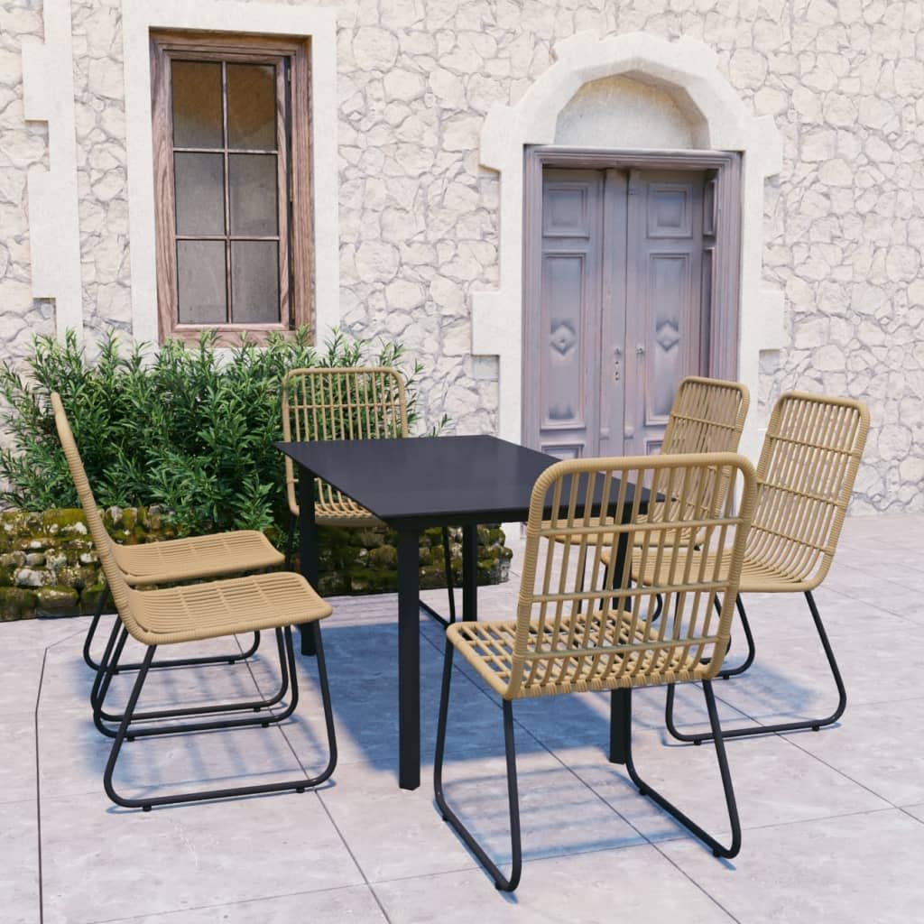 vidaXL 7-Piece Modern Patio Dining Set with Poly Rattan Chairs and Glass Tabletop - Oak and Black