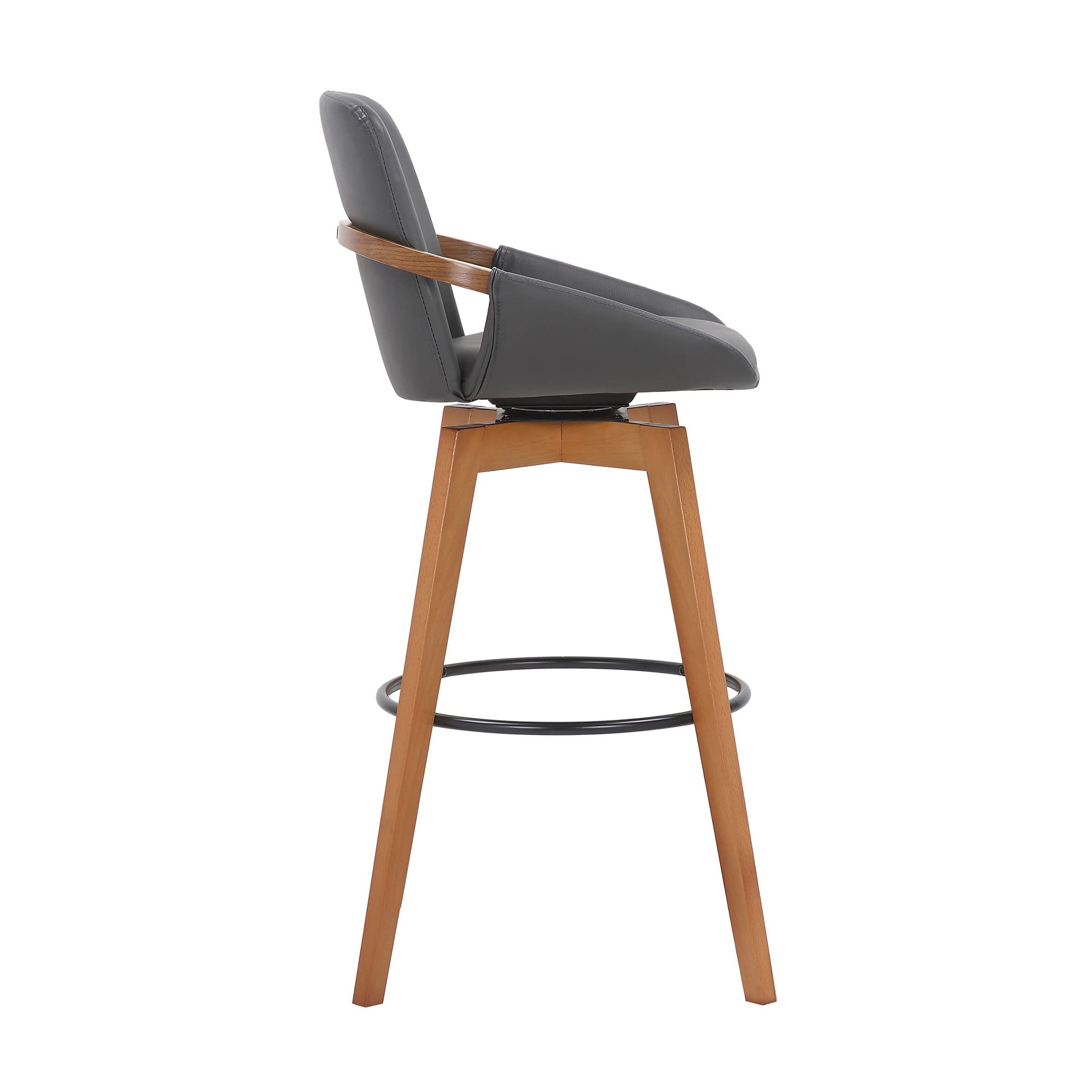 HomeRoots Gray Metal, Wood, Faux Leather 30' Luxurious Grey Faux and Walnut Wood Swivel Bar Stool