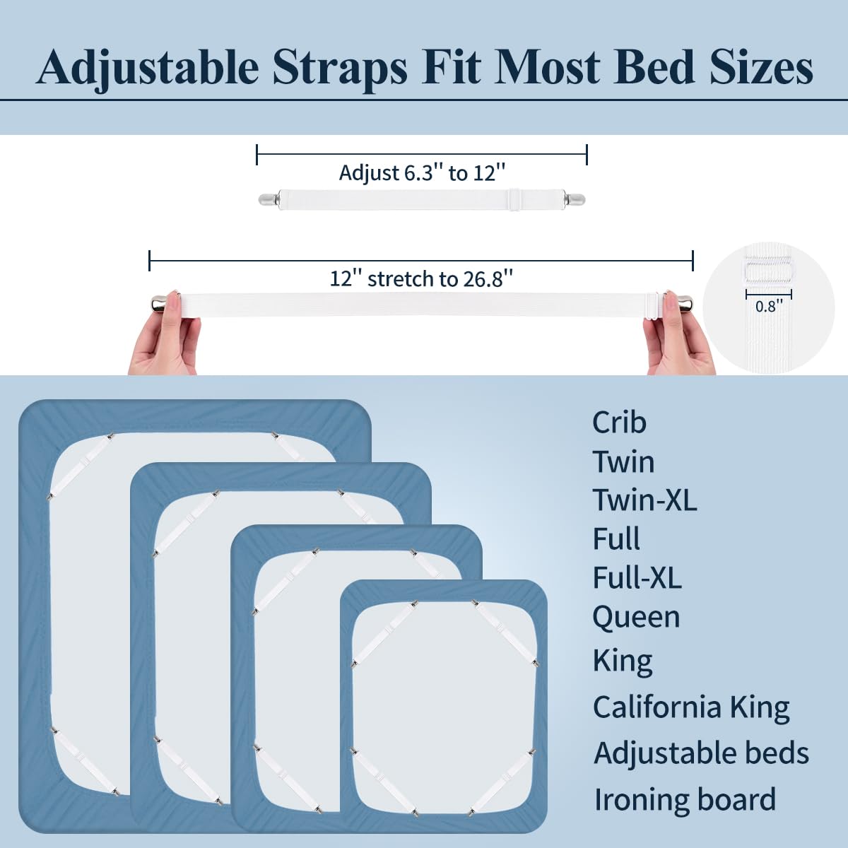 Bed Sheet Fasteners, 8 Pcs Adjustable Max Stretches To 26.8 In Holder Straps Non Slip Straps With Clips To Keep Sheets Firm & Tight, Universal & White