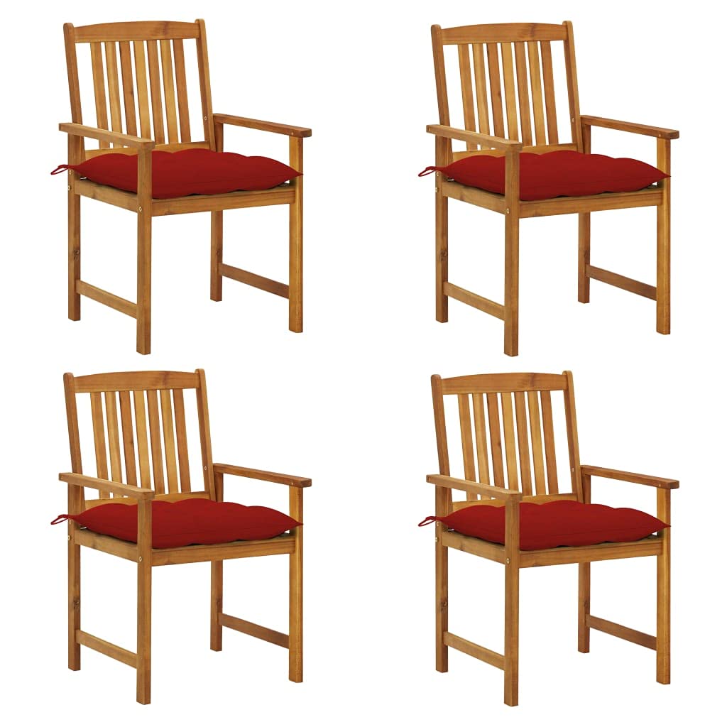 vidaXL Solid Acacia Wood Outdoor Patio Chairs with Red Cushions - Set of 4 - Thumbnail 2