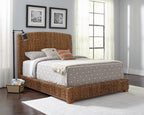 Coaster Home Furnishings Laughton Coastal Hand Woven Banana Leaf Bed Frame Eastern King Size Upholstered Panel Bed Amber Brown 300501KE