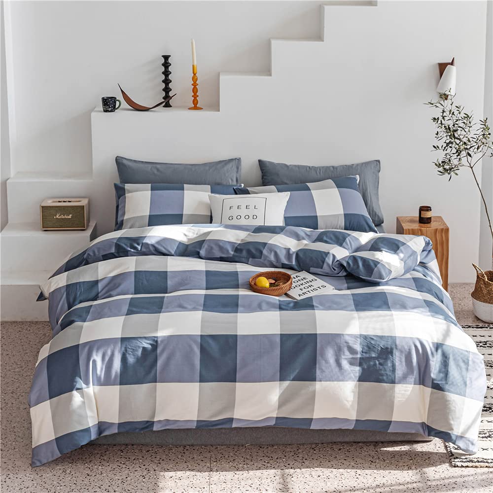 Lifetb Blue White Plaid Duvet Cover Queen Modern Soft 100% Cotton Comforter Cover Simple Style Plaid Grid Duvet Cover With 2 Pil
