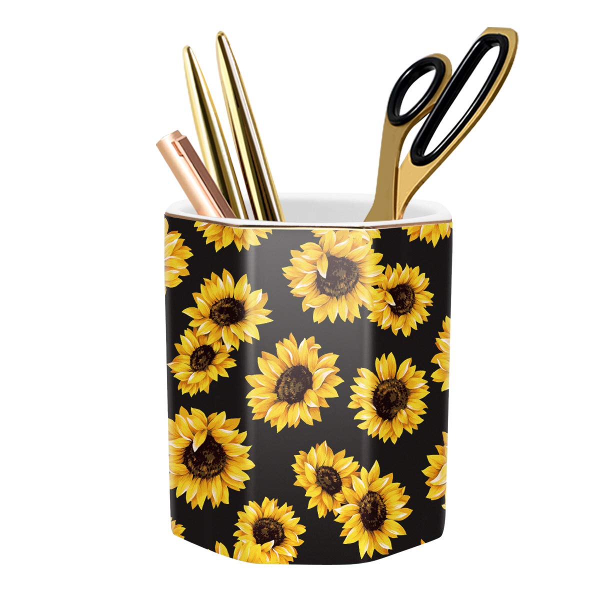 Waveyu Pen Holder, Pencil Holder For Desk Floral Pattern Pencil Cup For Girls Kids Durable Ceramic Desk Organizer Makeup Brush H