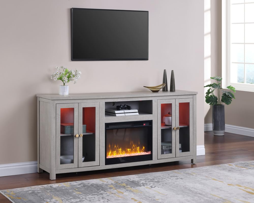 LILOLA LIVING Ellington 70' W White Walnut Finish Fireplace TV Stand Console with LED Light, Cabinets, Shelves