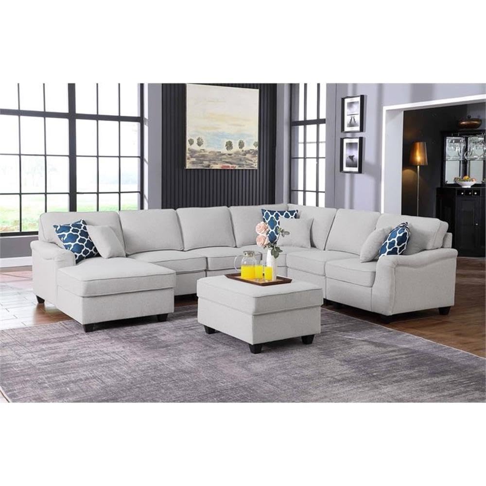 Lilola Home Leo Dark Gray Linen 7Pc Modular L-Shape Sectional Sofa Chaise and Ottoman