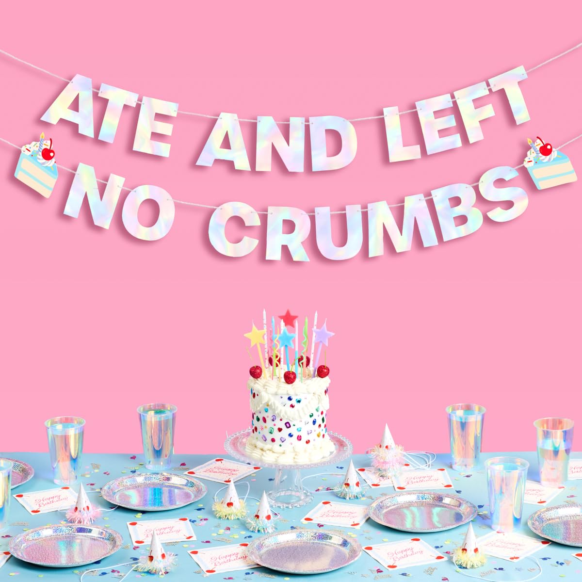 xo, Fetti Ate and Left No Crumbs Birthday Banner | Iridescent Foil, Girls Birthday Party Decor, Trendy Birthday Decorations, Pin