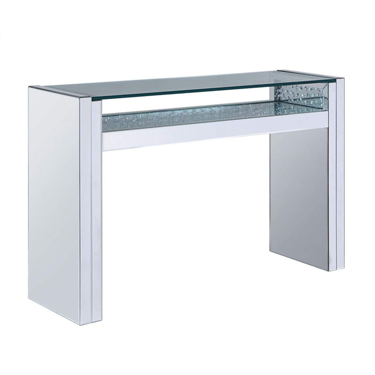 Benjara Wood And Mirror Sofa Table With Studded Faux Crystals, Clear