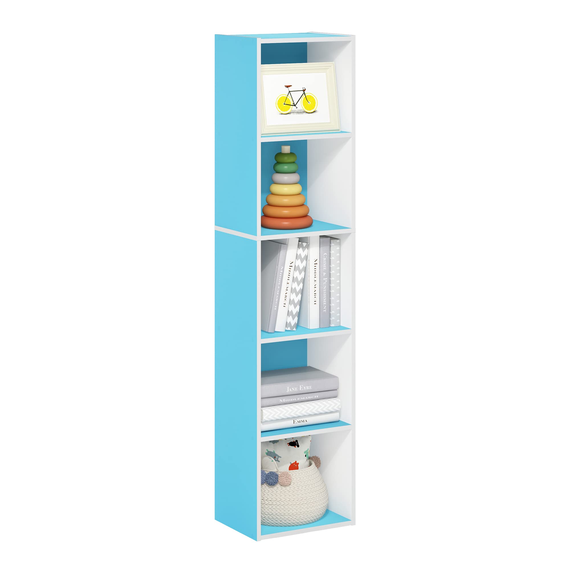 Furinno Luder Bookcase / Book / Storage, 5-Tier Cube, Light Blue/White