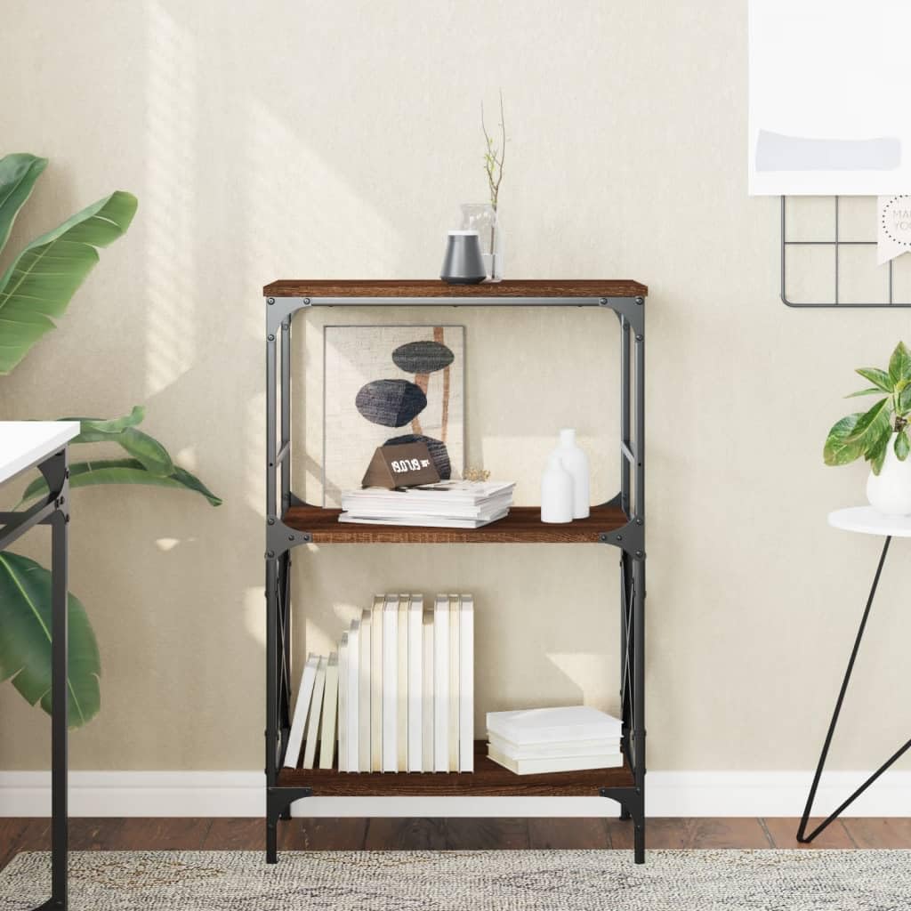 vidaXL 3-Tier Bookcase - Brown Oak and Metal Frame - Engineered Wood Construction - Freestanding Design with Adjustable Feet for Stability, 837616