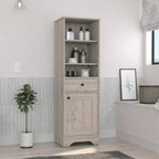 Linen Single Door Cabinet 55H, 3 External Shelves, 1 Drawer, 2 Interior Shelves, Light Gray