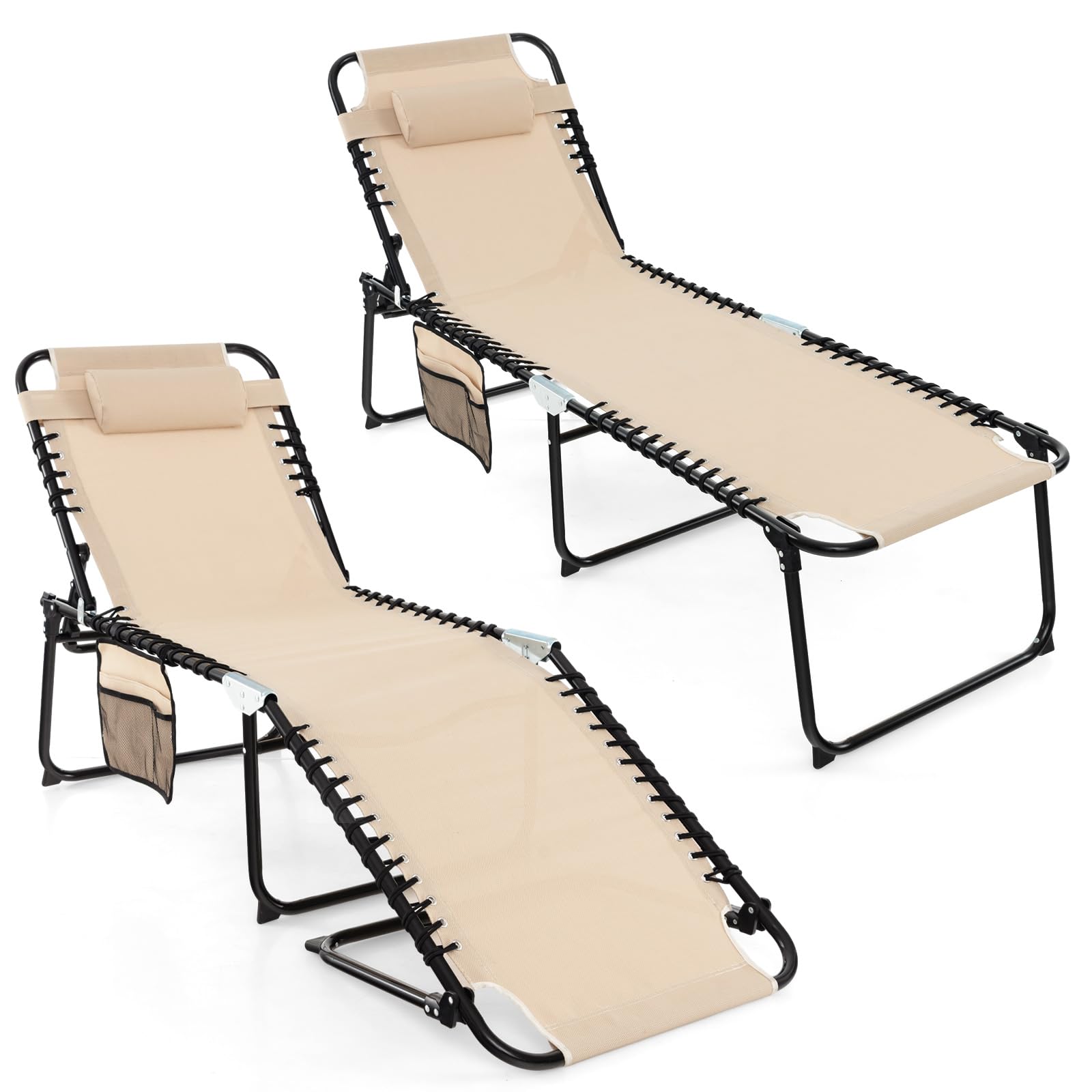 Gymax Lounge Chairs For Outside, Extra High Folding Beach Tanning Lounger With Adjustable Backrest, Footrest & Removable Pillow, Sunbathing Lounge For Patio, Poolside (2, Sand With Pocket)