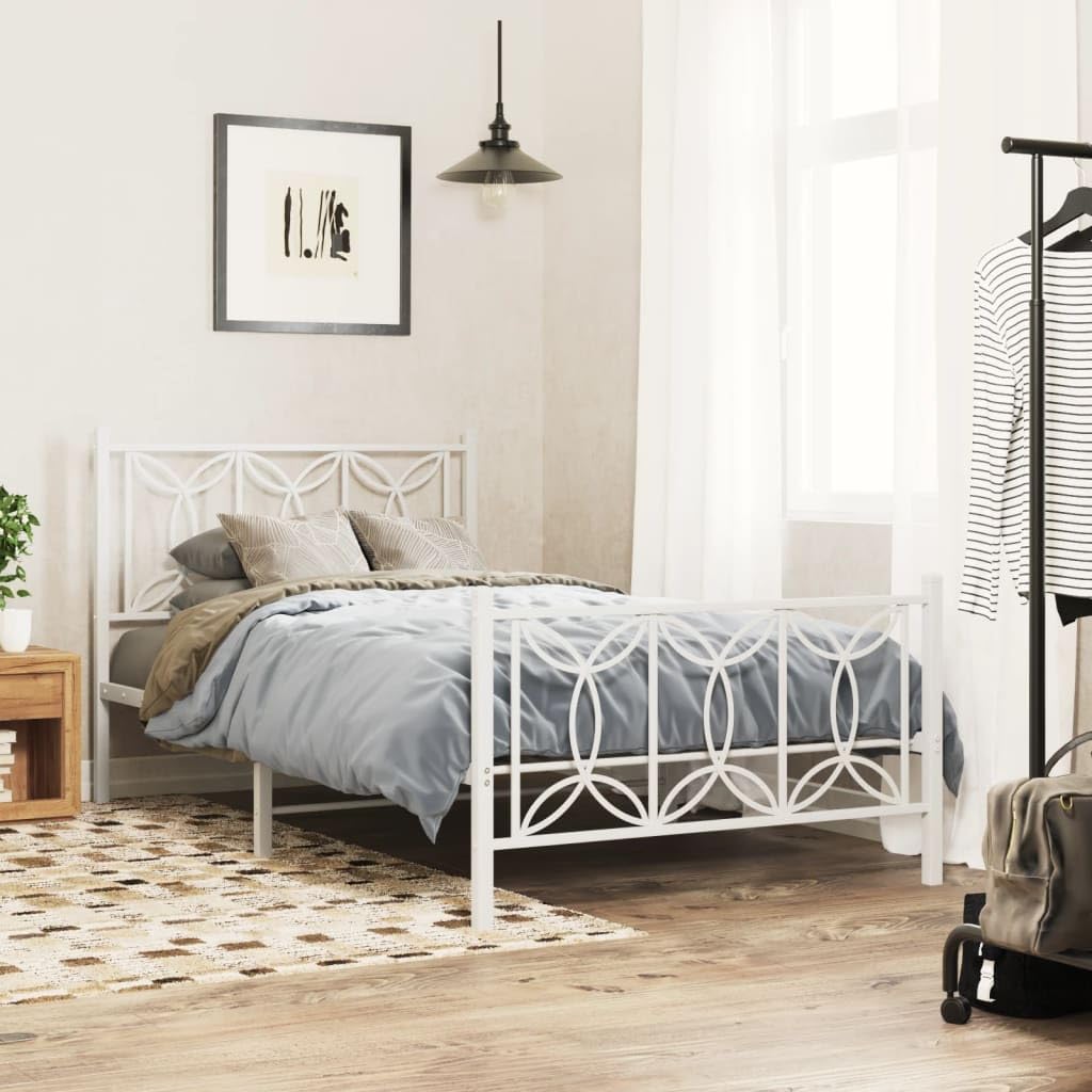 vidaXL Metal Bed Frame with Headboard/Footboard, White, 39.4"x78.7" - Steel, Durable, Extra Storage