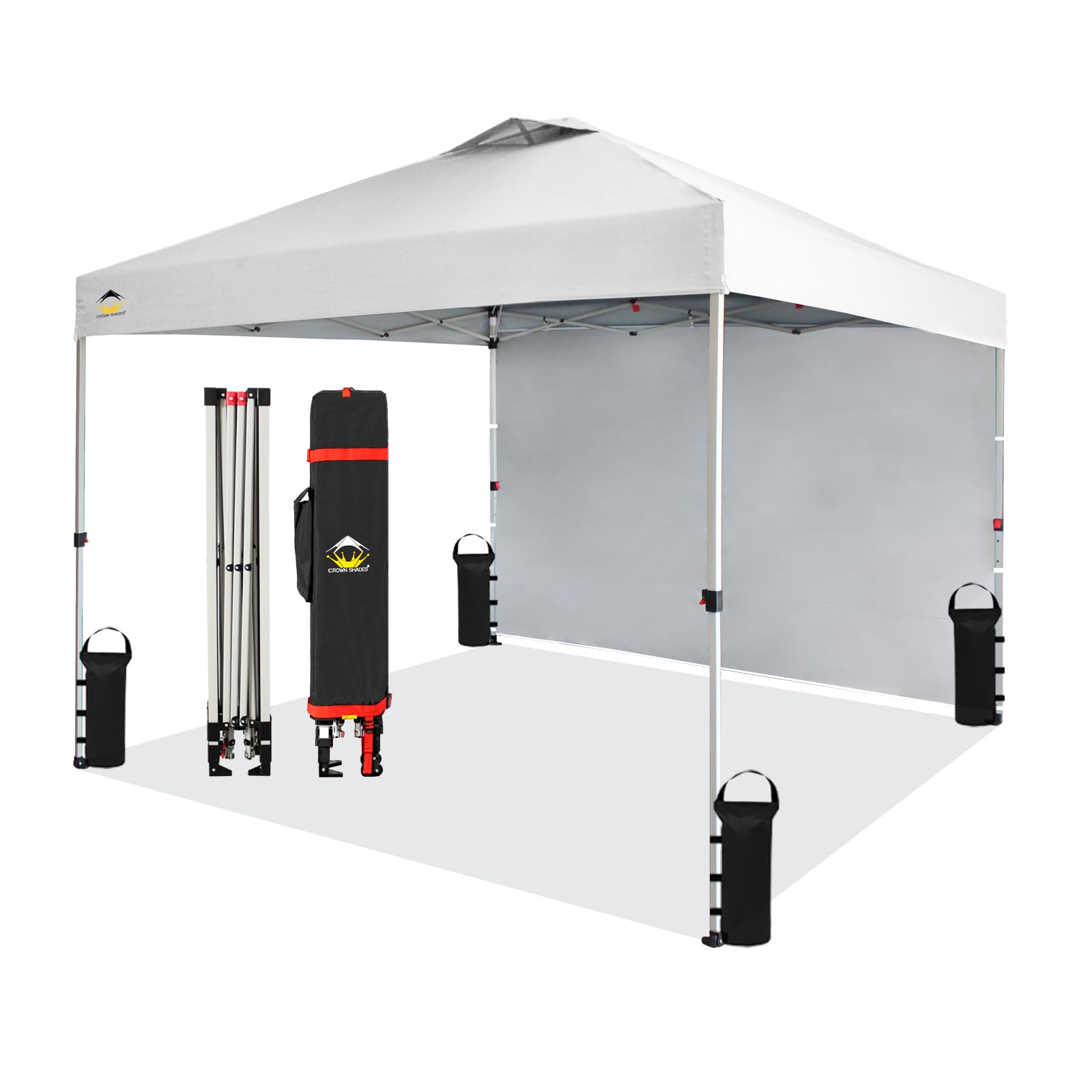 Crown Shades 10X10 Pop Up Canopy Tent Instant Commercial With 150D Silver Coated Fabric Including 1 Removable Sidewall, 4 Ropes,