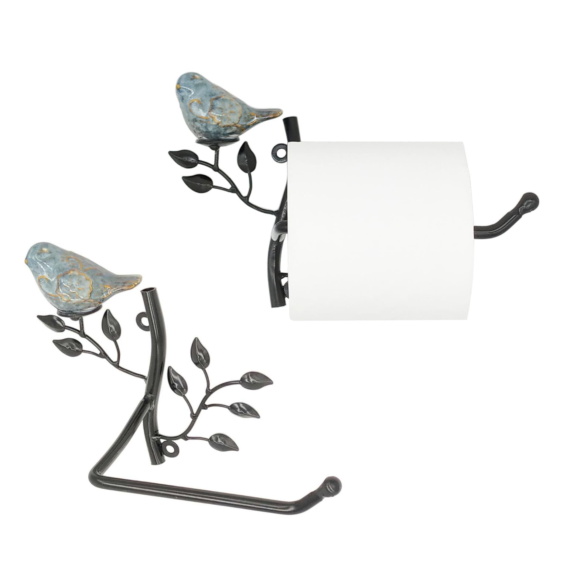 Owlgift Set of 2 Wall Mounted Metal Toilet Tissue Holder w/Ceramic Bird, Roll Organizer for Bathroom - Black