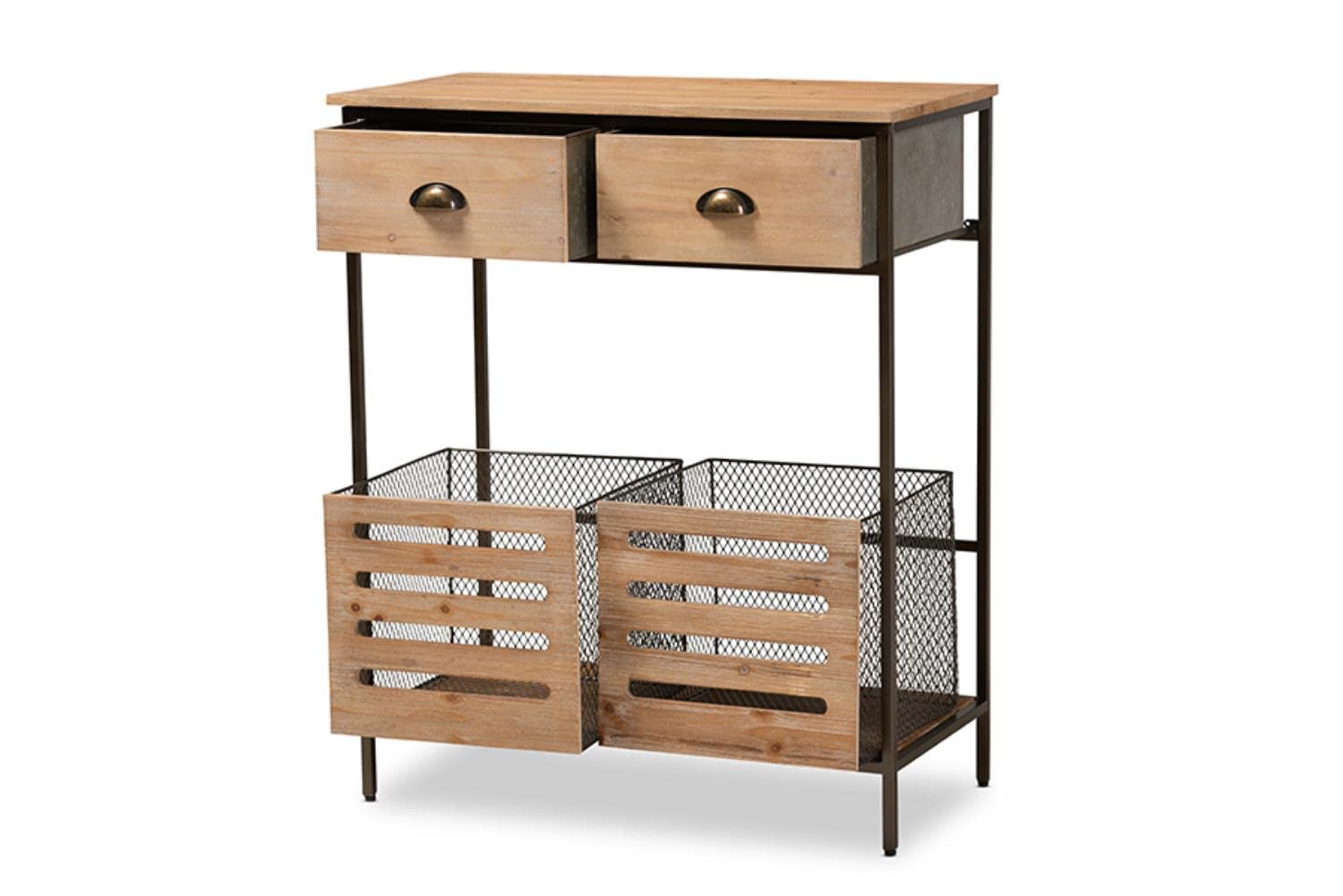 Baxton Studio Abram Modern Farmhouse Industrial Oak Brown Finished Wood and Black Metal 2-Drawer Multipurpose Kitchen Storage Cabinet