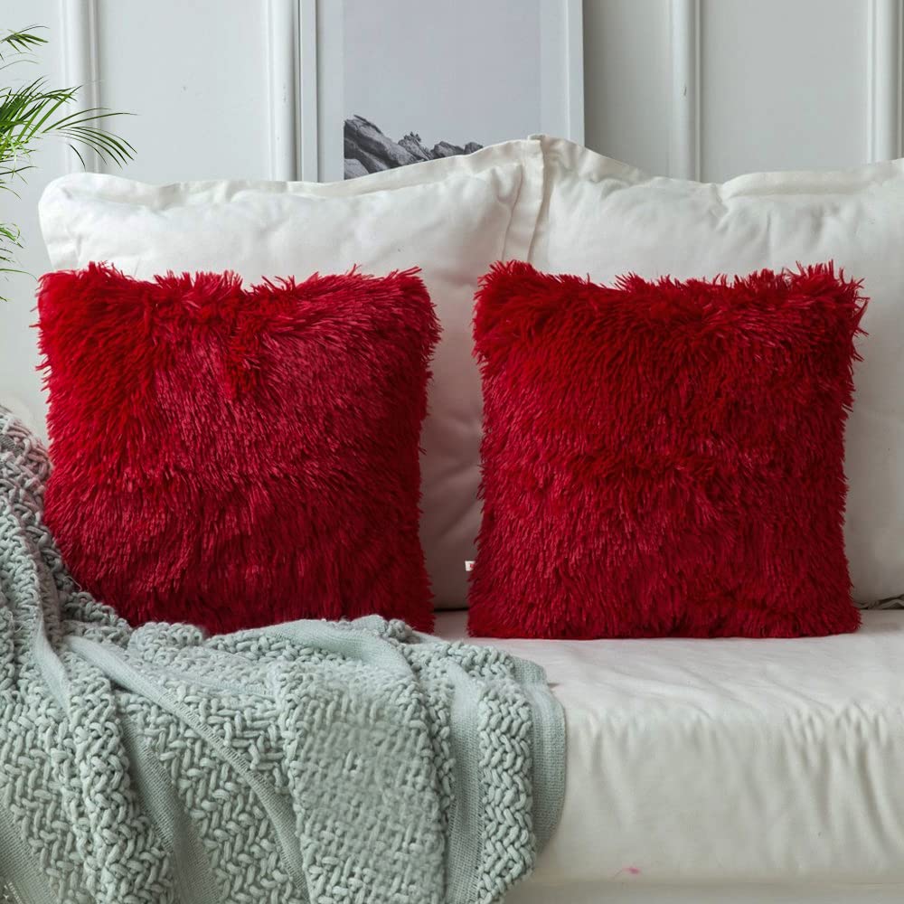 Wondershala Red Faux Fur Throw Pillow Cover Fluffy Soft Decorative Square Pillow Covers Pillow Case Fur Cushion Covers For Livin