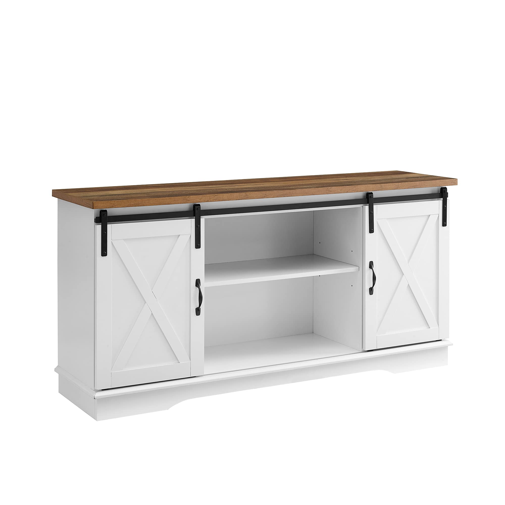 Walker Edison Richmond Modern Farmhouse Sliding Barn Door TV Stand for TVs up to 65 Inches, 58 Inch, White and Rustic Oak